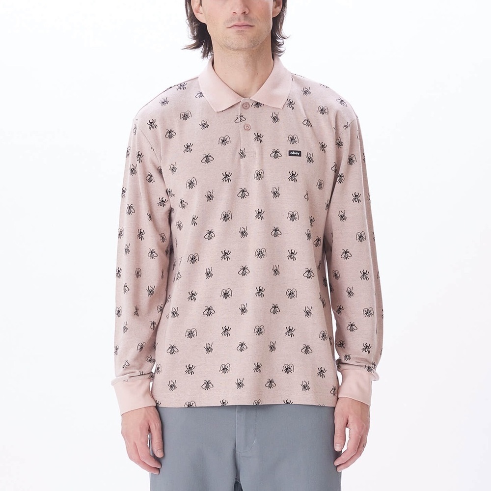 NWT OBEY Pest Long Sleeve Jacquard Pique Polo Peach Whip Mauve Pink Black Men’s